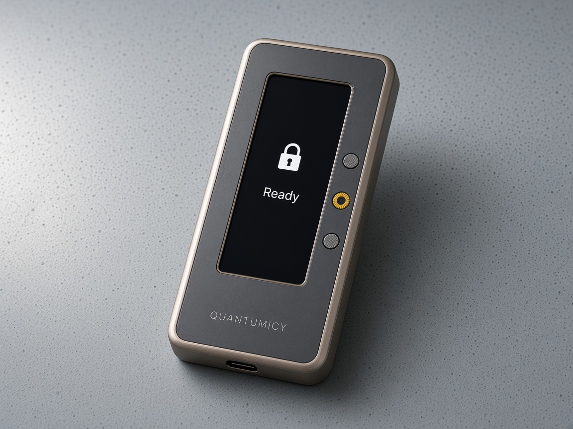 Three-quarter view of the Quantumicy hardware wallet on cool concrete.