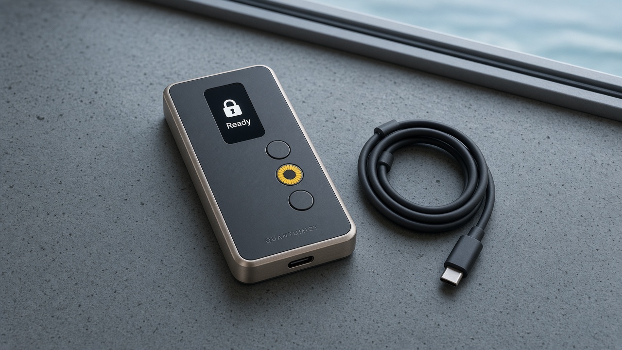 Quantumicy lying on a concrete sill beside a coiled USB-C cable.