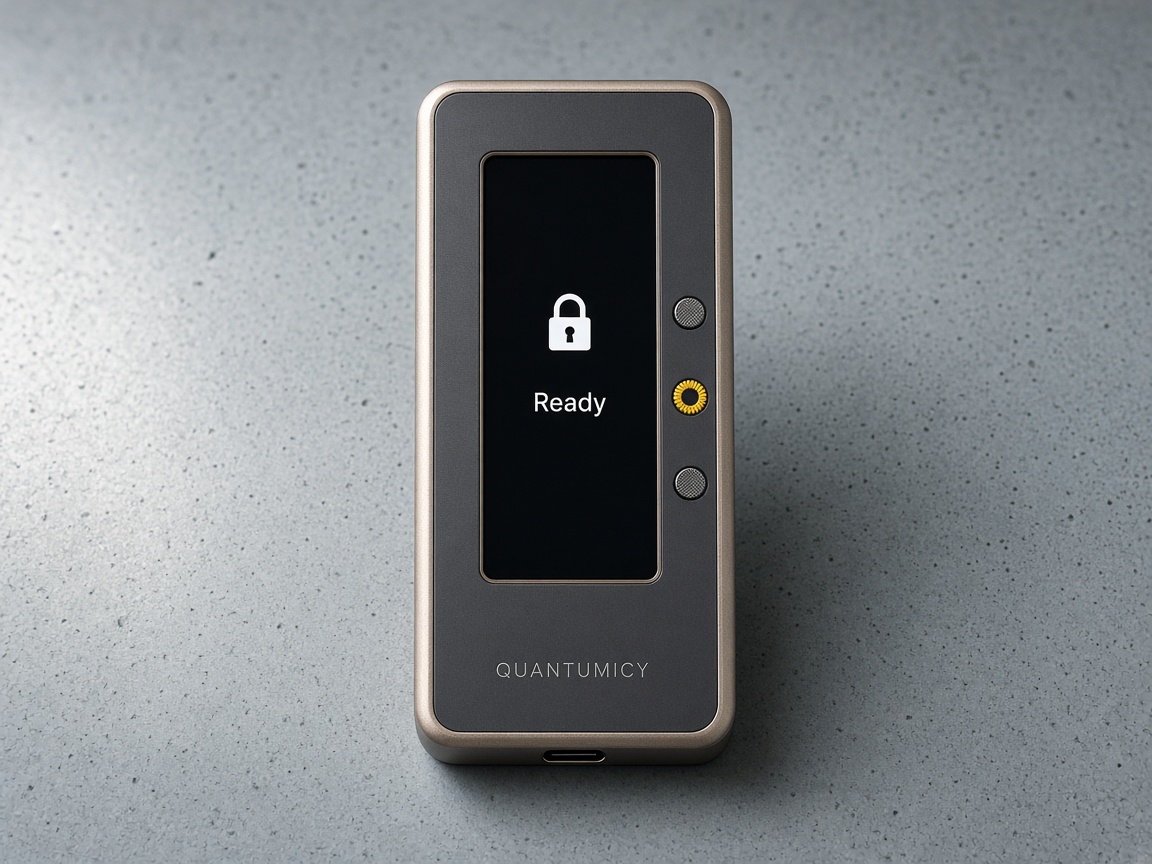 Quantumicy, a tall hardware wallet with a champagne-bronze frame, a charcoal face, a vertical screen reading Ready, and three buttons.